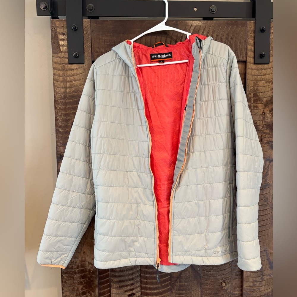 Grunden’s distant harbor jacket with hood.